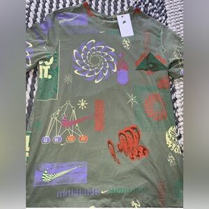Nike Olive T-Shirt with Orange and Green Graphics